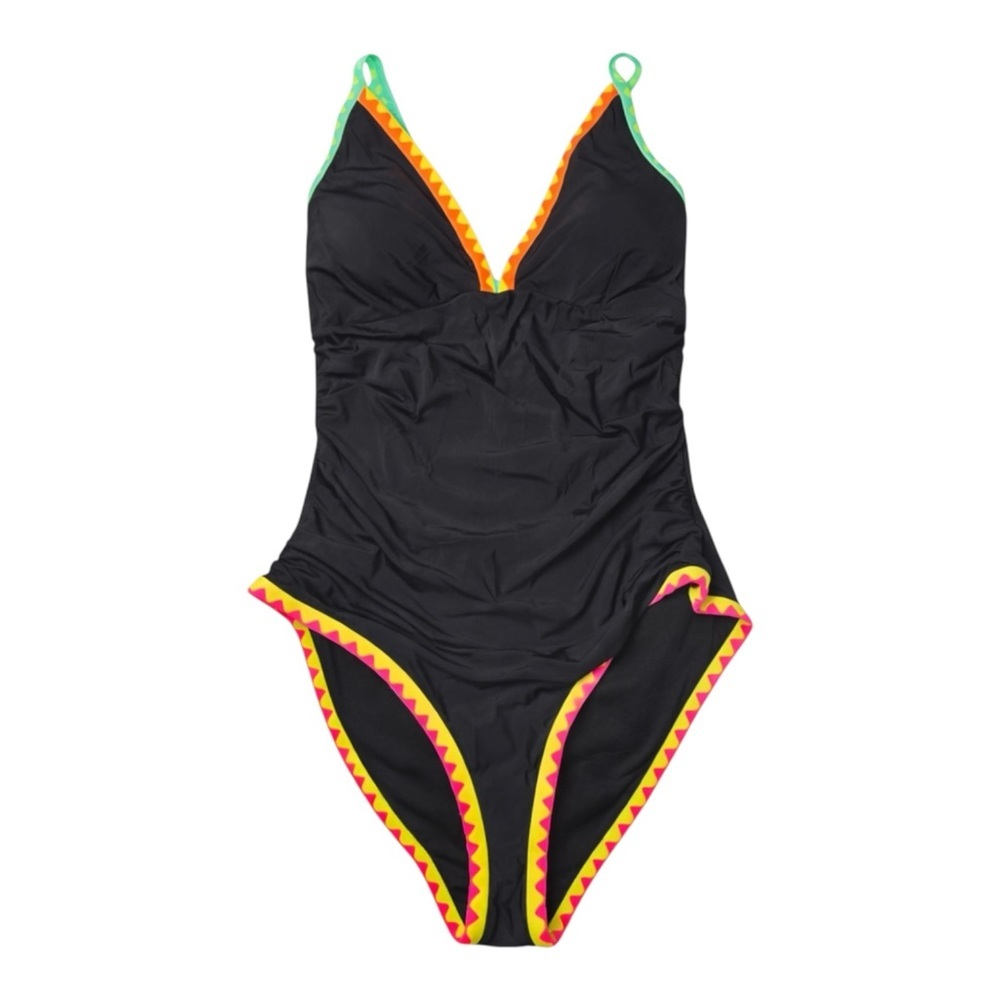 Popvil Black One Piece Swimsuit Neon Trim Ruched Tummy Control Size Medium NWT